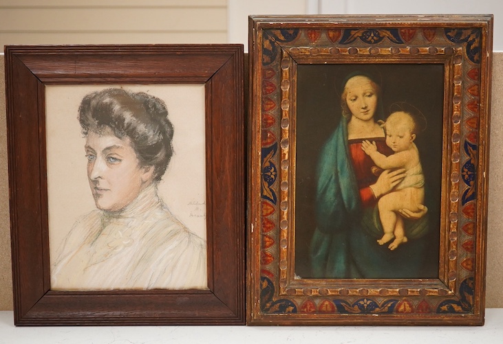 An early 20th century French School pastel, Head and shoulders portrait of a woman, indistinctly signed, together with a colour print of the Virgin Mary and Child, largest 26 x 17cm, housed in a hand painted and partiall